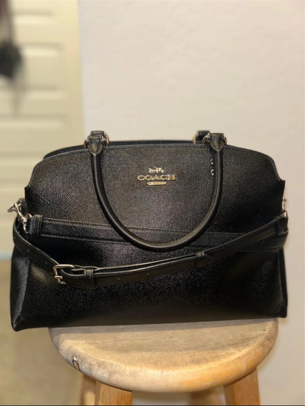 Coach Black Pebbled Leather Satchel with Crossbody Strap